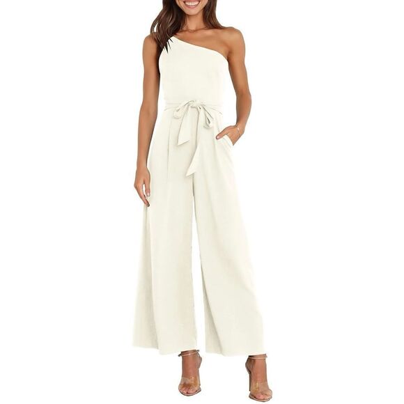 NEW Dressy 1 Shoulder Wide Leg Jumpsuit Romper Pockets L NO BELT - Picture 1 of 5